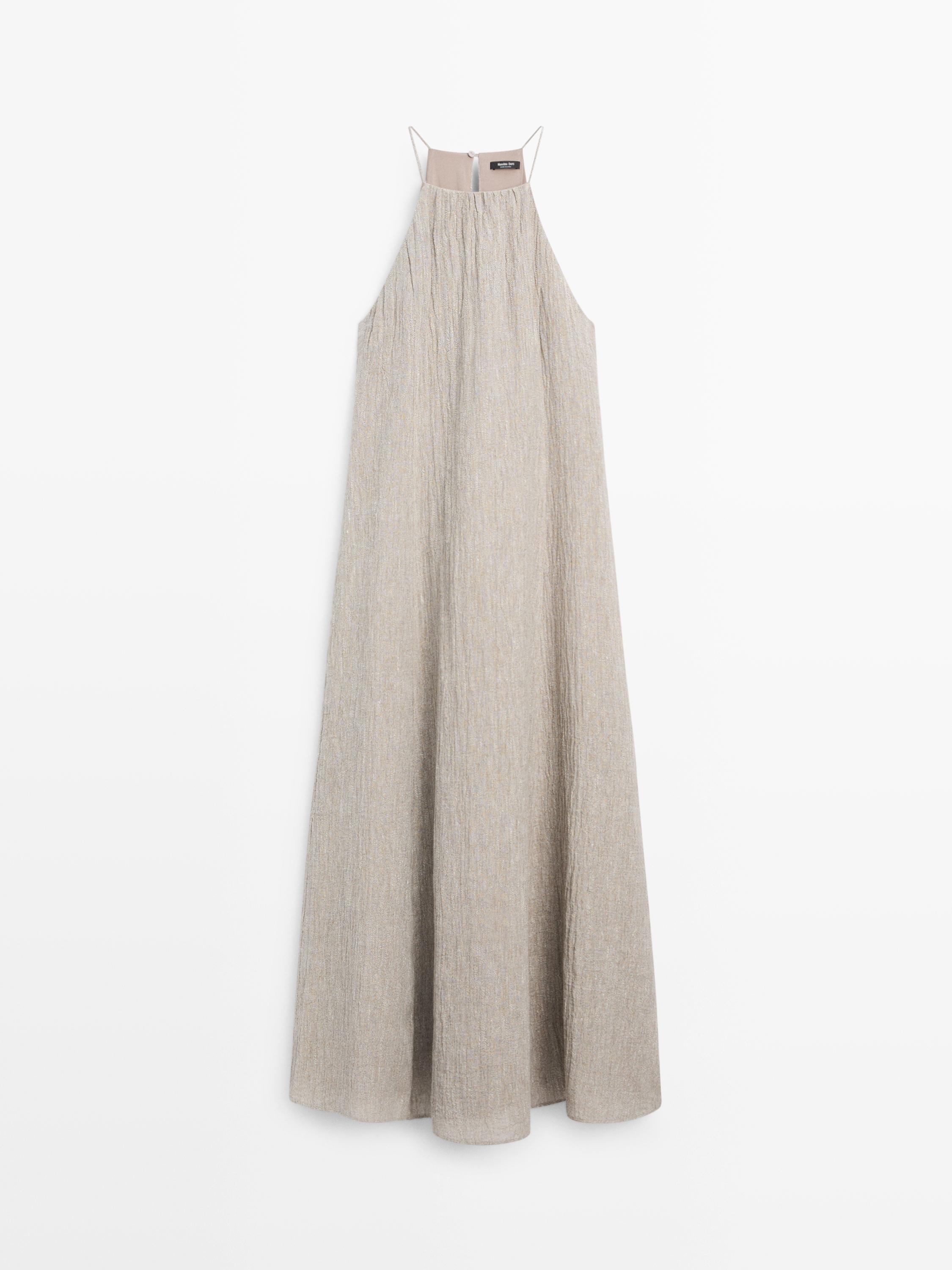 Flowing linen blend dress with gathered neckline